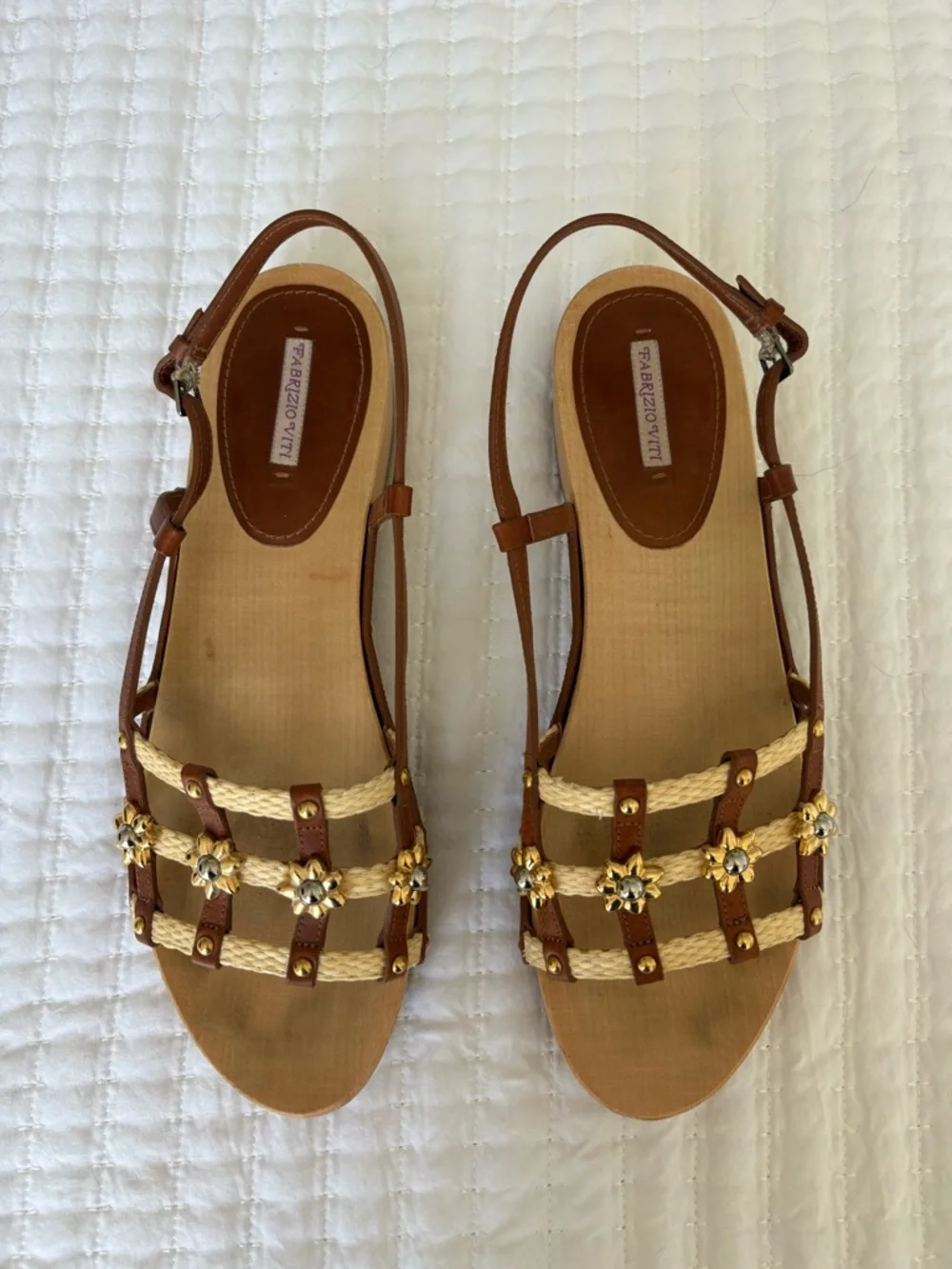 Fabrizio Viti Sofia Leather & Raffia Sandal Size 11 Luxury Coastal Vacation Boho